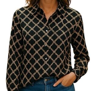 Foxcroft Black Gold Chain Blouse Wrinkle Free Shaped Fit Faux Pearl Buttons 16W